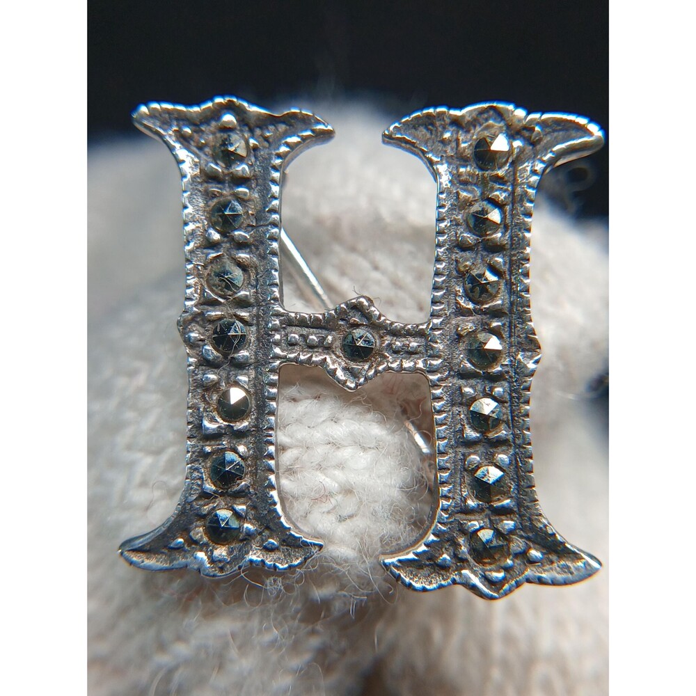 Sterling Silver 925 Art Deco Marcasite H Brooch ~0.75”